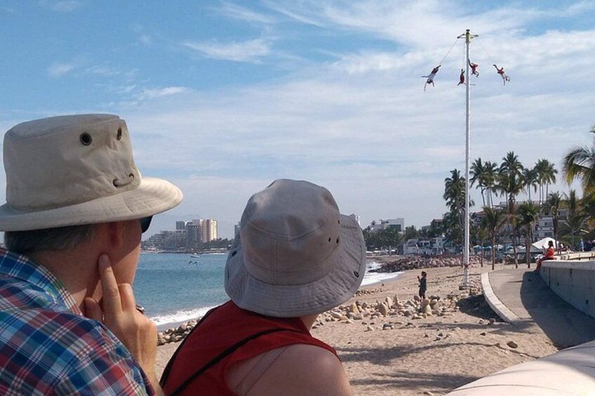 Una playa con cielo despejado, palmeras y un horizonte urbano distante. 4