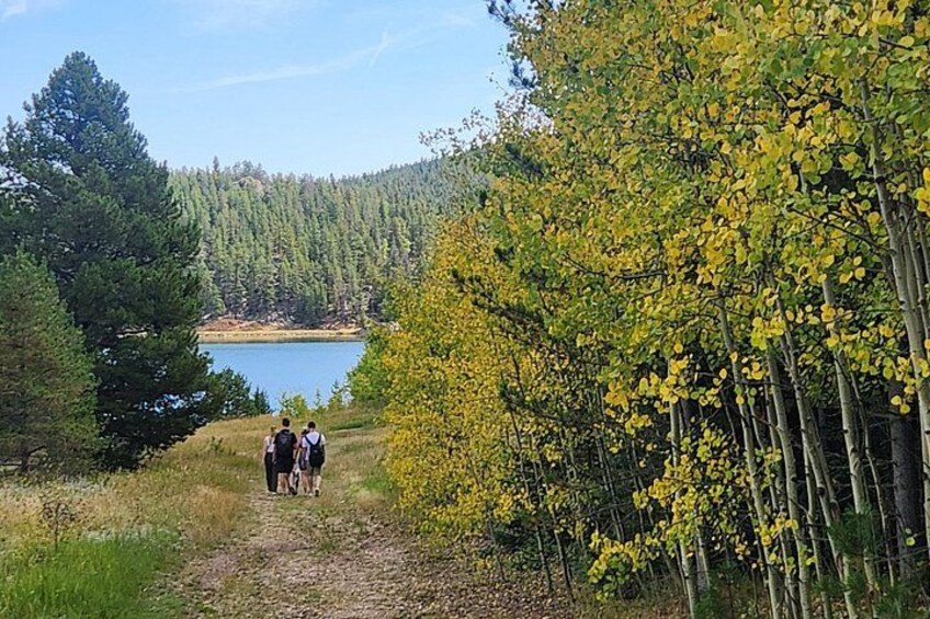 A group of people walking on a dirt path surrounded by trees and a lake. 1