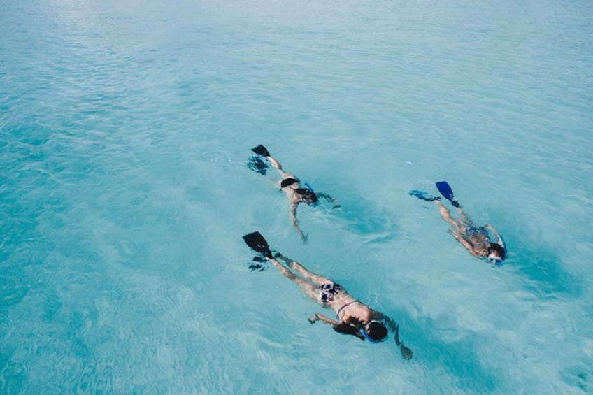 Three people snorkeling in clear blue water. 2