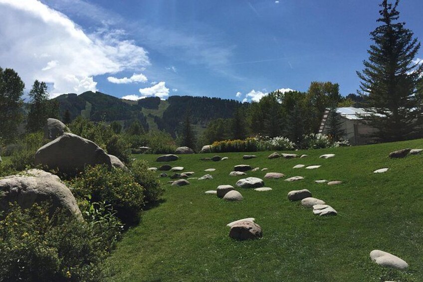 A grassy landscape with scattered rocks, trees, and a mountain range in the background. 4