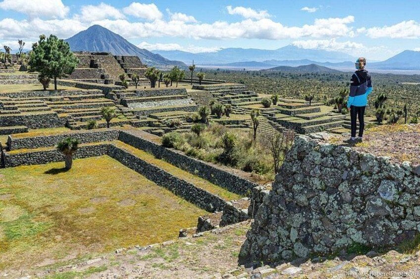 A person standing on a stone structure overlooking ancient ruins with a mountain in the background. 5