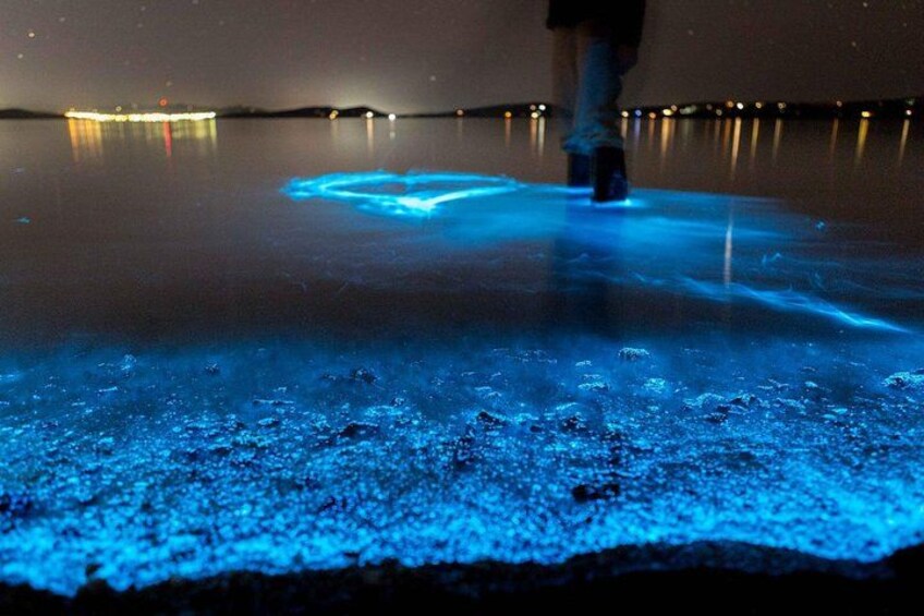 Una persona caminando sobre una superficie con reflejos de luz azul. 4