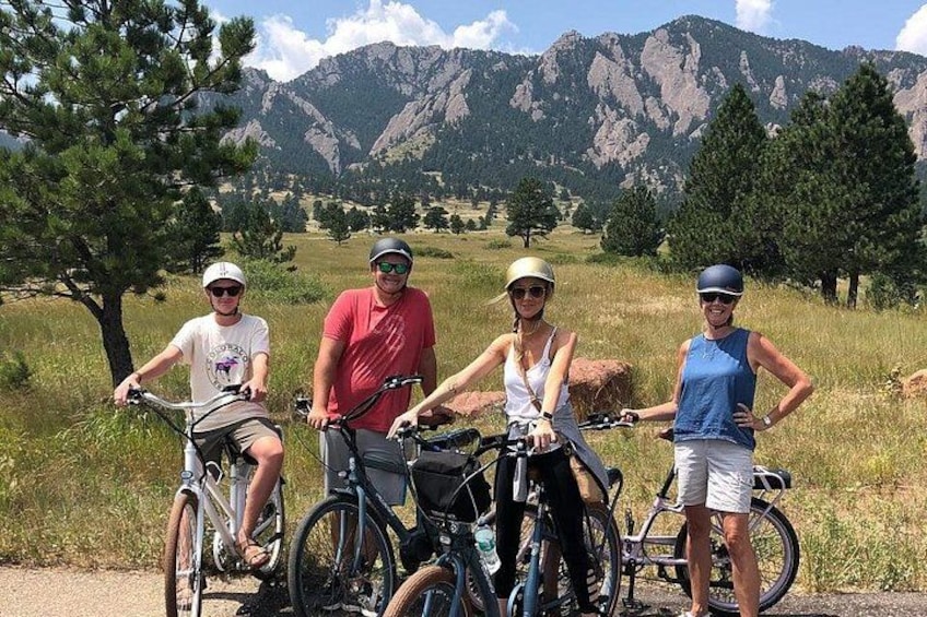 Cuatro personas en bicicleta en un campo con montañas al fondo. 4