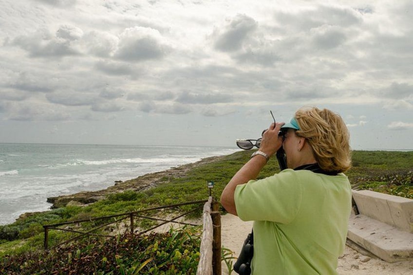 A person taking a photograph of the ocean from a high vantage point. 5