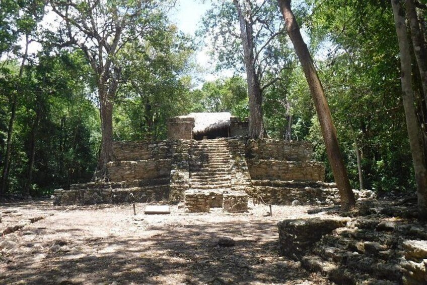 Une ancienne structure en pierre, dotée d’un escalier menant à une plateforme plane, le tout étant entouré d’arbres. 4