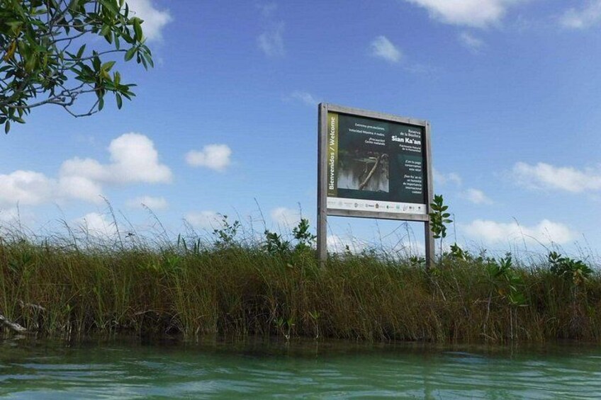 Un panneau indicateur près d’un plan d’eau, avec de hautes herbes et un ciel dégagé. 1
