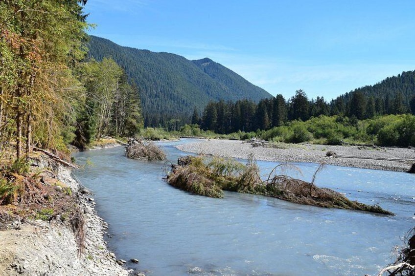 A river flowing through a forested valley with mountains in the background. 2