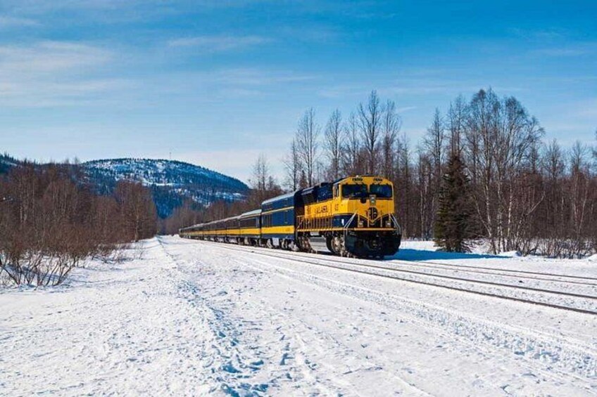 A yellow train on tracks with snow-covered ground and trees in the background. 2