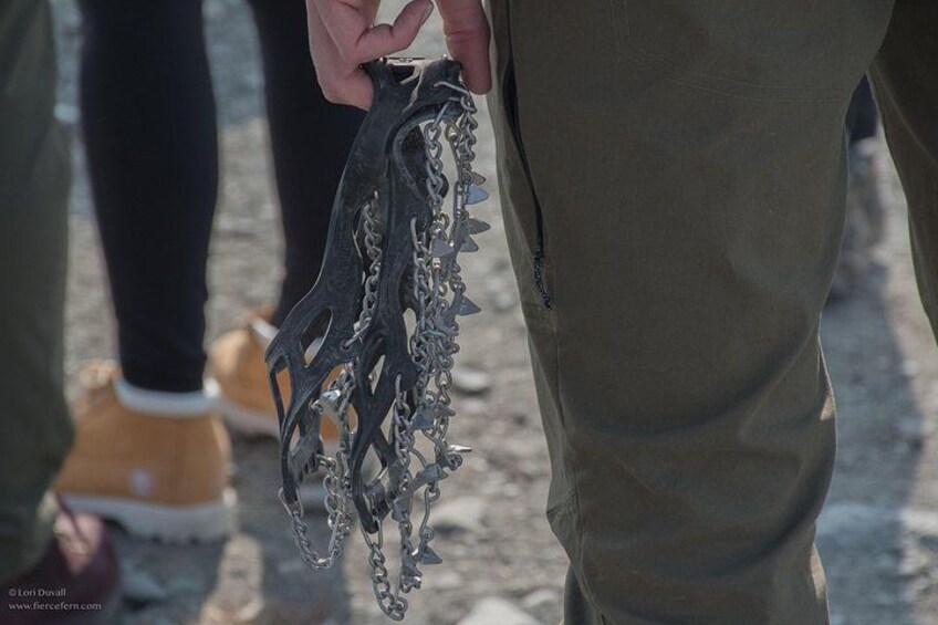 Easy-to-wear ice spikes slip over your walking shoes for grip on the ice. Included with tour price. 2