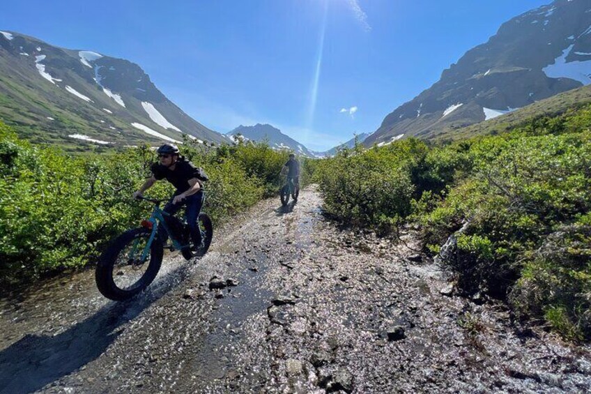Una persona in bicicletta su un sentiero roccioso, sullo sfondo verde e montagne. 2