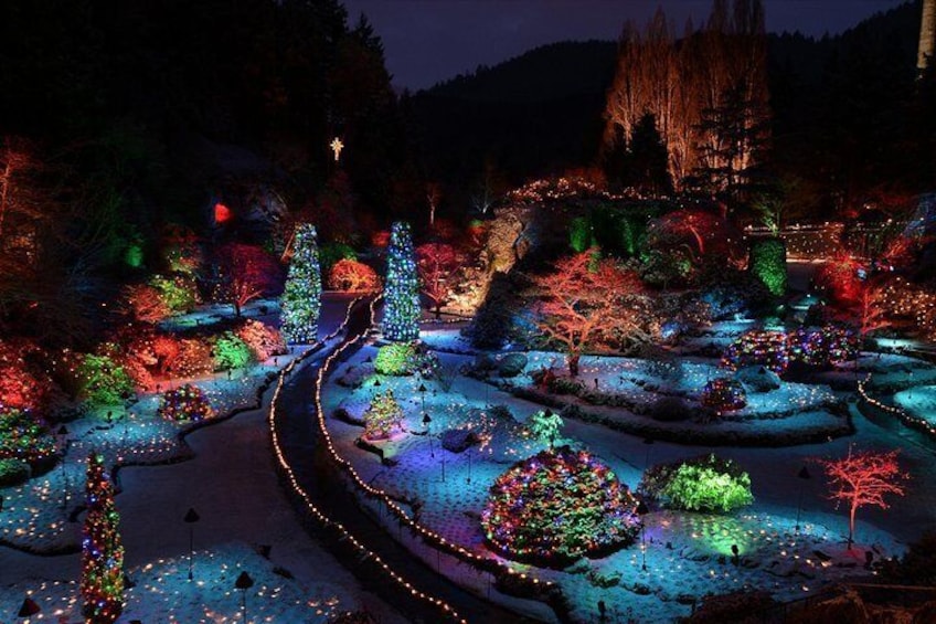 Paisaje nevado con árboles iluminados y un camino serpenteante. 5