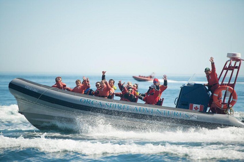 A boat with people wearing red life jackets, labeled 'ORCA SPIRIT ADVENTURES,' on the water. 5