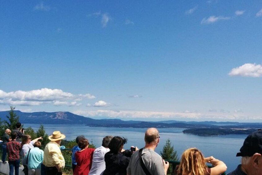 A group of people standing on a viewing platform overlooking a lake with mountains in the distance. 5