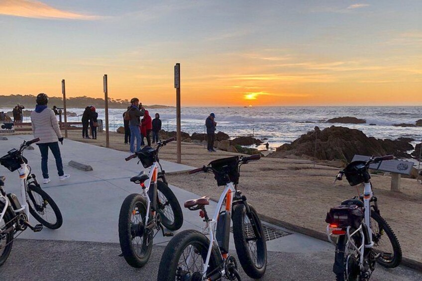 Golden hour at Bird Rock, one of many stunning stops along our guided 17-Mile Drive eBike Tour in Pebble Beach. Watch sea lions and pelicans as the sun sets over the Pacific. 4