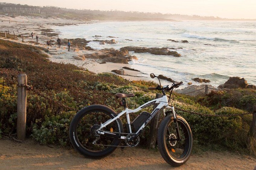 Golden hour at Asilomar Beach with one of our Rad Power eBikes — a highlight of the Pacific Grove eBike route 4