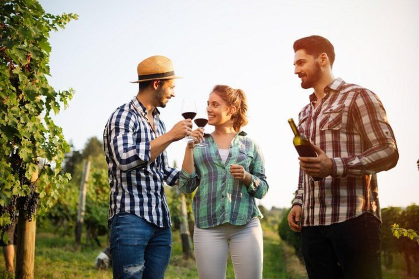Drei Personen in einem Weinberg, eine davon hält eine Weinflasche. 3