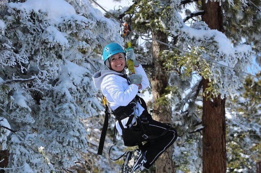 Una persona che sfreccia su una zip line in una foresta innevata. 3