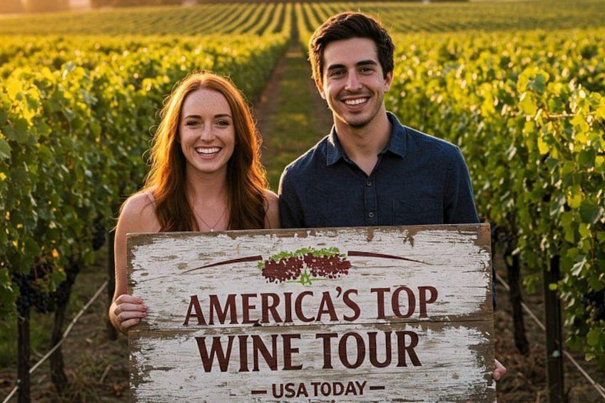 Two people holding a sign in a vineyard. 1