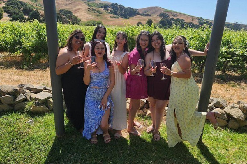 A group of people standing in a vineyard with a clear sky and hills in the background. 2