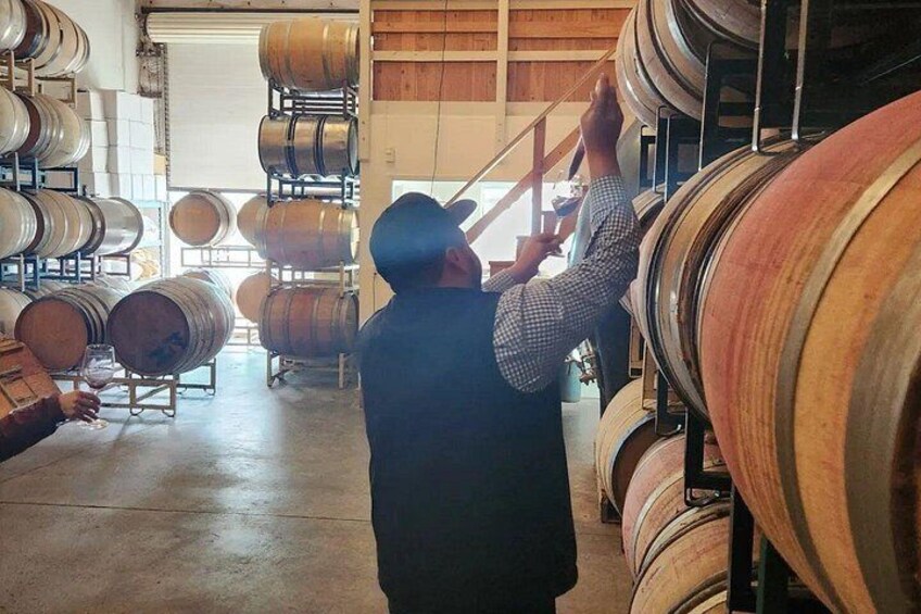 A person inspecting large wooden barrels in a warehouse. 4