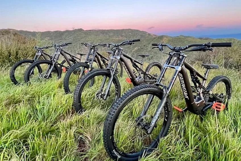 Varias bicicletas de montaña estacionadas sobre césped, con un paisaje montañoso al fondo. 2