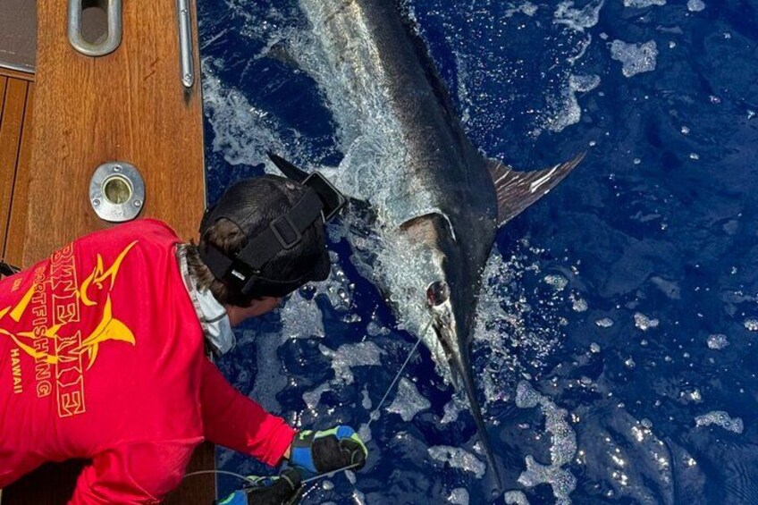 A person in a red shirt and black cap fishing a large fish near a boat. 3