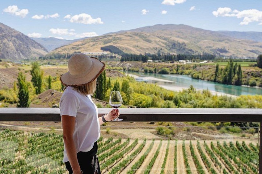A person holding a glass of wine, overlooking a vineyard and a river. 3