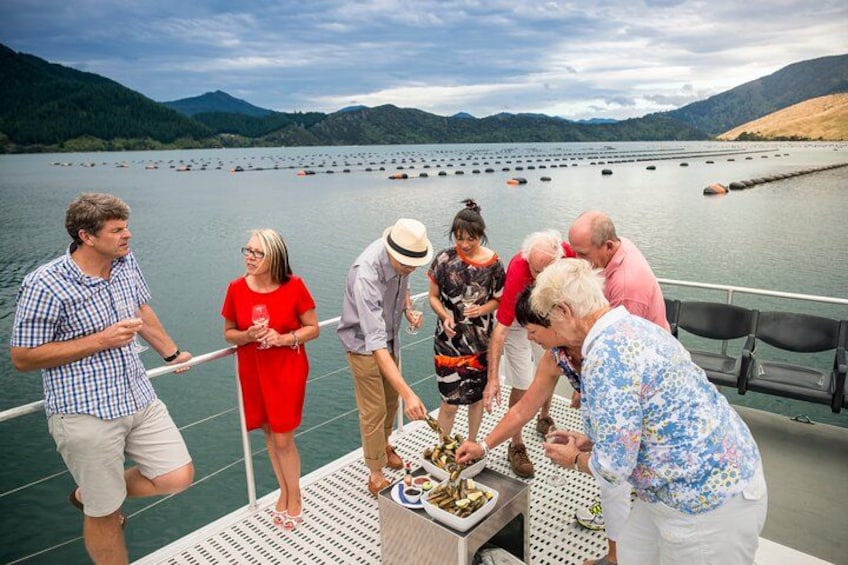A group of people on a boat near a lake with mountains in the background. 2