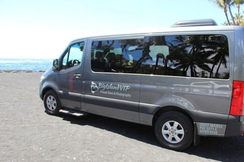 A silver van parked on a beach with palm trees in the background. 3