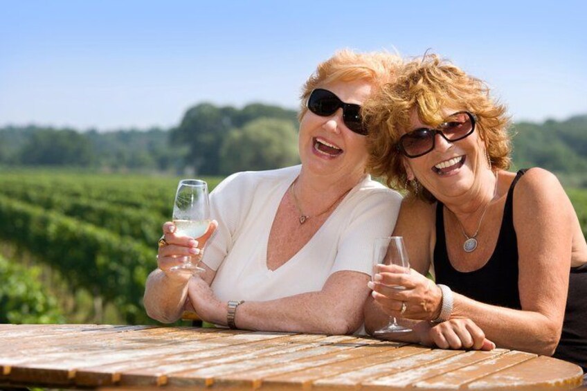 Zwei Personen sitzen draußen an einem Holztisch, Weingläser mit Weißwein haltend, mit einem Weinberg im Hintergrund. 1