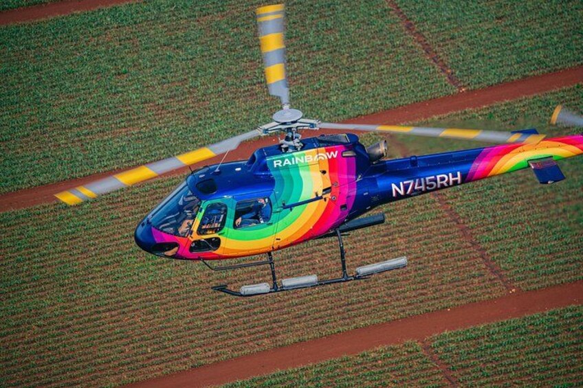 A helicopter with rainbow colors and the registration N745RH flying over a field. 4