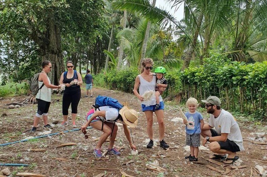 Een groep mensen in een tropisch bos met weelderige begroeiing en palmbomen. 3