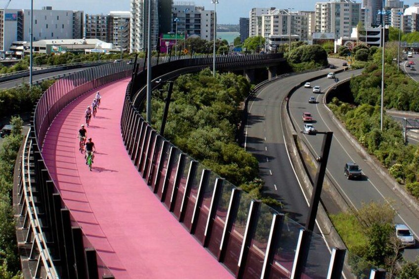 Un sendero bici curvo con ciclistas, una carretera y edificios urbanos al fondo. 1