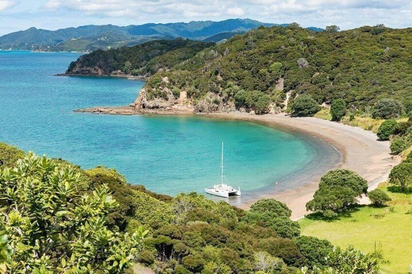 Paesaggio costiero con mare cristallino, spiaggia sabbiosa e vegetazione verdeggiante. 1