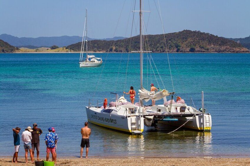 En båd ligger til anker ved en strand, med folk i nærheden. 2