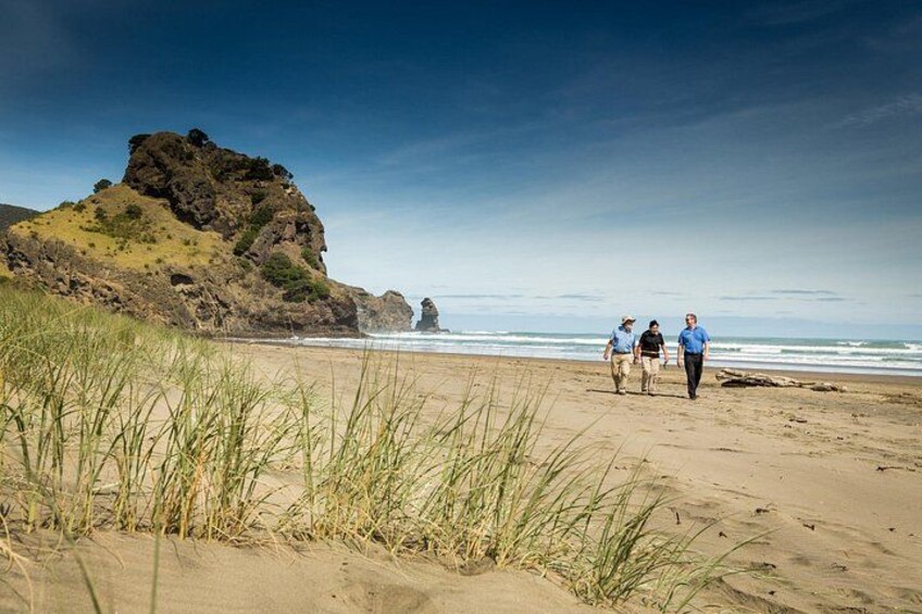 A beach with people walking, a rocky outcrop, and grass in the foreground. 1