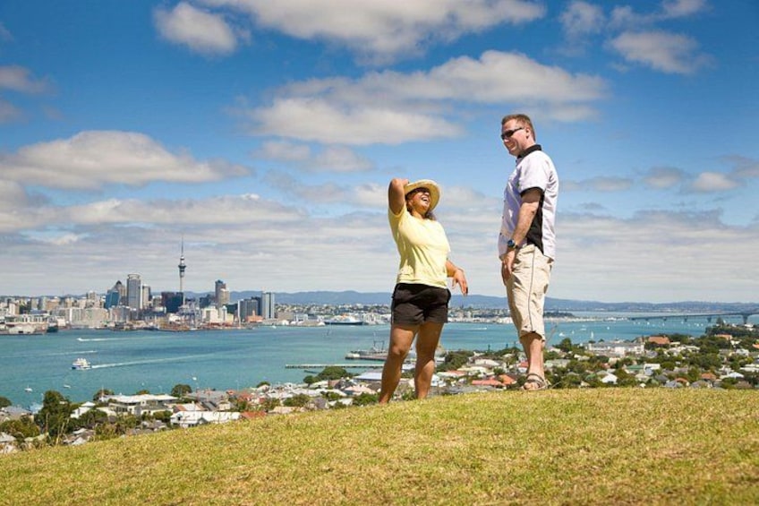 A couple standing on a grassy hill overlooking a city skyline with a prominent tower, a body of water, and a bridge. 2