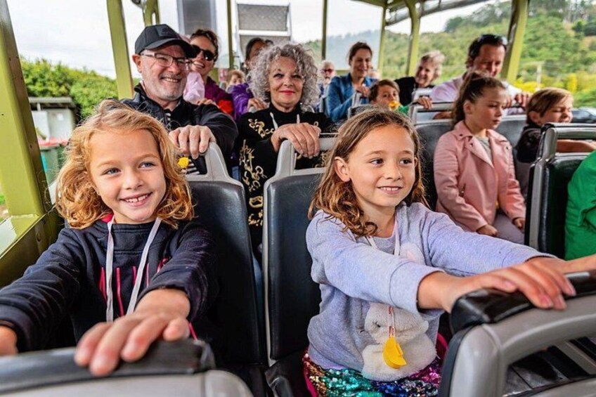 En grupp människor i ett fordon i rörelse, troligen en spårvagn eller buss, med ett naturligt landskap i bakgrunden. 4