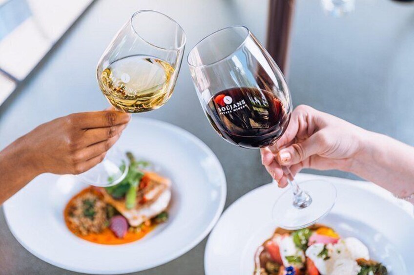 Dos personas brindando con copas de vino, una con vino blanco y la otra con vino tinto, en una mesa con platos de comida. 4