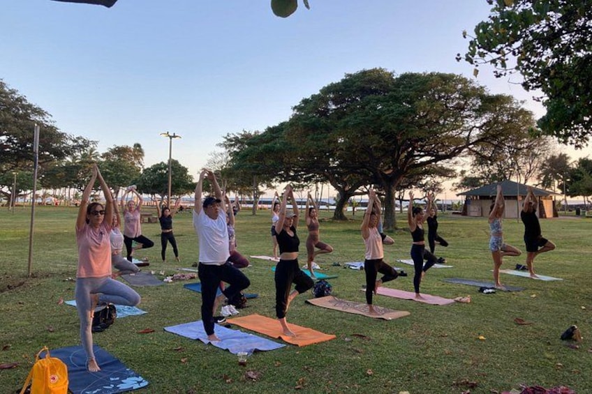 Un gruppo di persone che pratica yoga in un ambiente esterno, con alberi e cielo sereno. 2