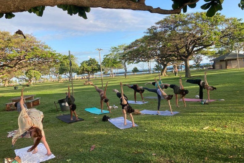 Un groupe de personnes pratiquant le yoga sur des tapis dans un parc verdoyant, avec des arbres et une étendue d'eau en arrière-plan. 4