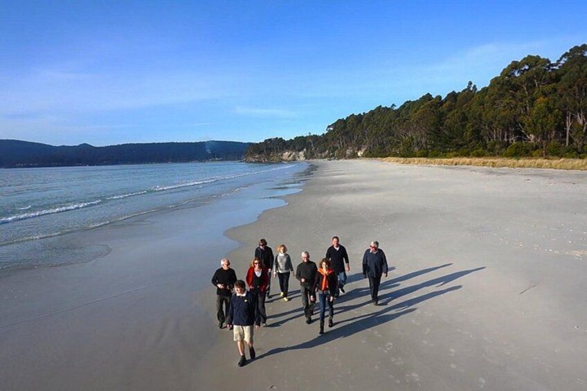 A group of people walking on a beach with a forested area in the background. 2