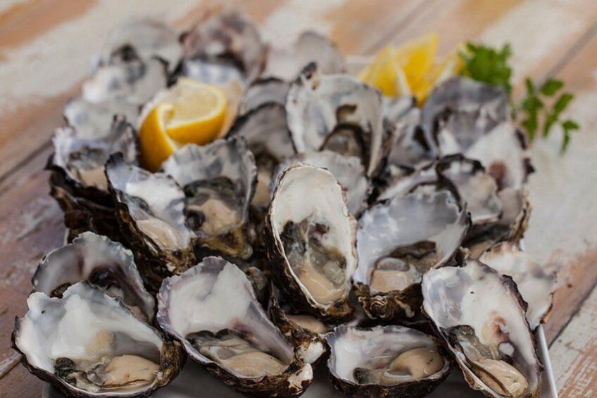 A plate of raw oysters with lemon wedges and parsley garnish. 1