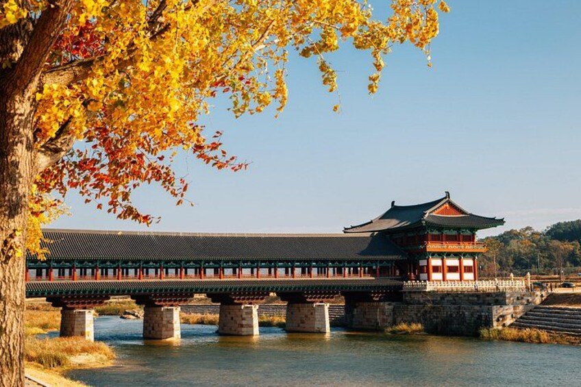 A traditional Korean bridge with a pavilion, autumn leaves, and a calm river. 1