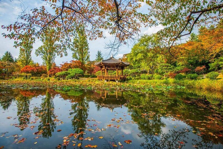A traditional pavilion by a pond with autumn foliage. 3