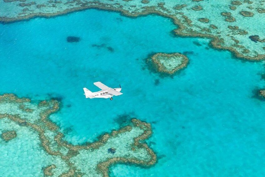 An airplane flying over a turquoise sea with coral reefs. 1