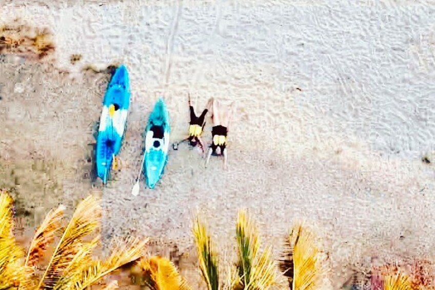 Kayaks on a sandy beach with some vegetation in the foreground. 5