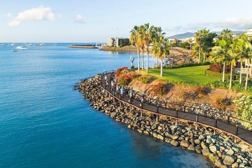A coastal walkway with palm trees, a rocky shoreline, and a clear blue sea. 2