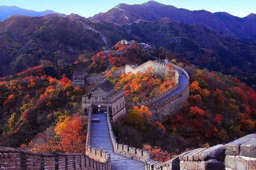 Die Chinesische Mauer schlängelt sich durch eine gebirgige Landschaft mit Herbstlaub. 1