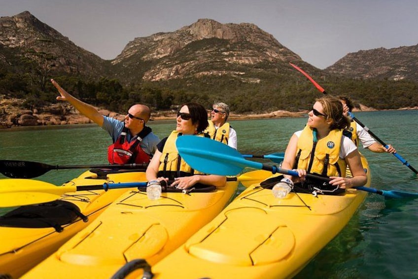 A group of people kayaking on a river with mountains in the background. 2